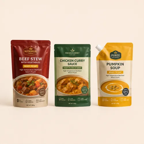 Custom retort pouches including stand up, three side seal and spout pouch packaging for ready meals, sauces and soups.