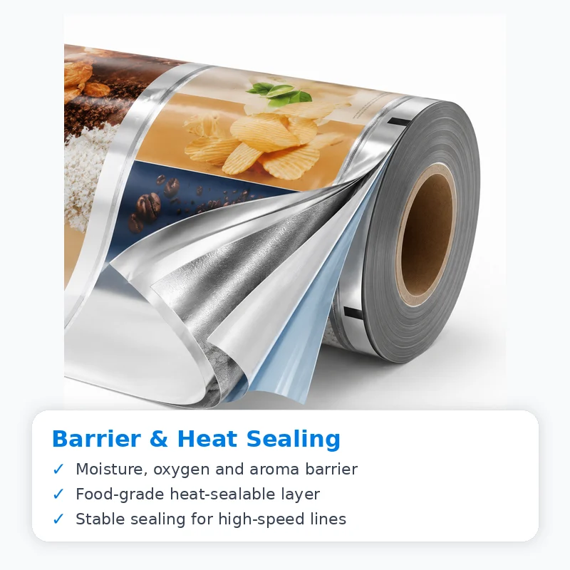 High barrier heat sealable packaging roll film for moisture oxygen and aroma protection