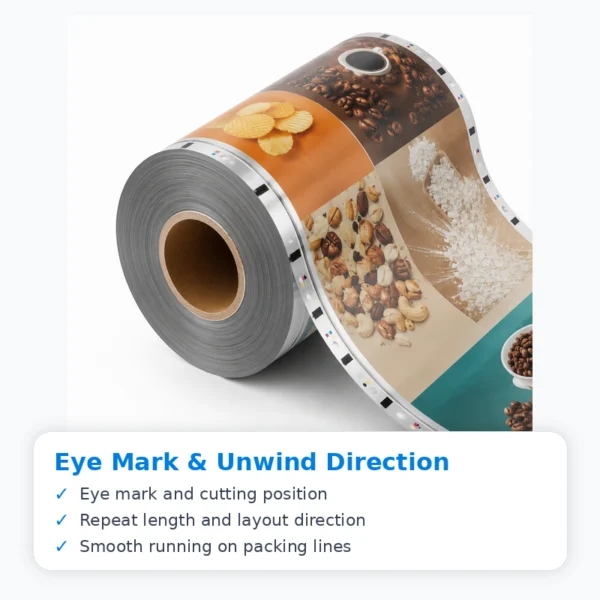 Custom packaging roll film eye mark cutting position repeat length and unwind direction