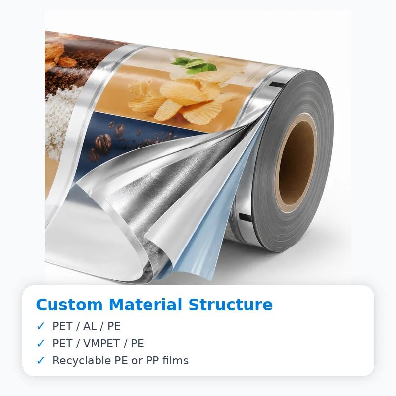 Custom packaging roll film material structure options including PET AL PE and recyclable films