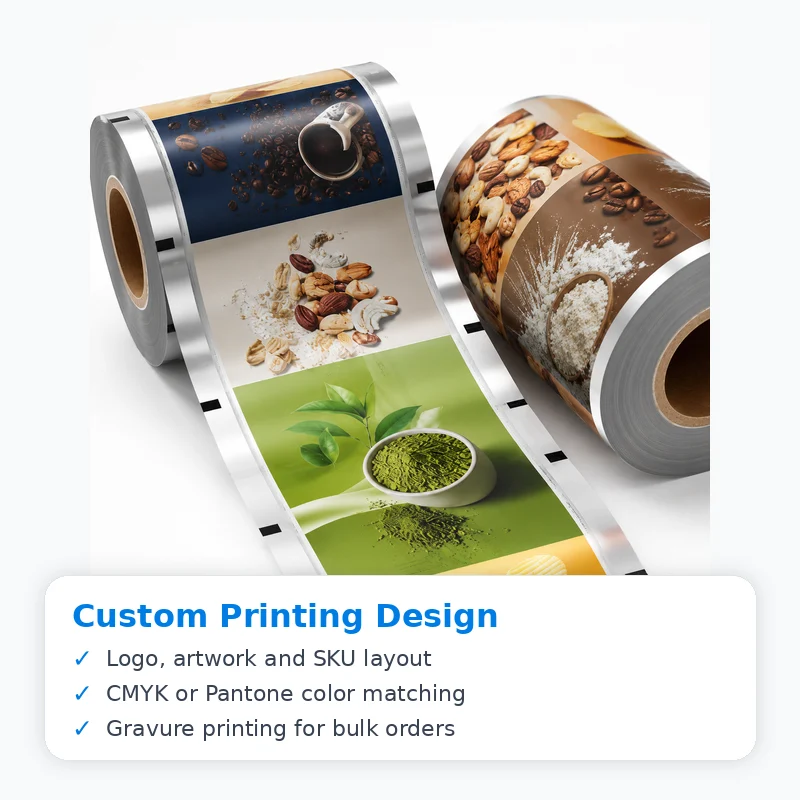 Custom printed packaging roll film with logo artwork SKU layout and color matching