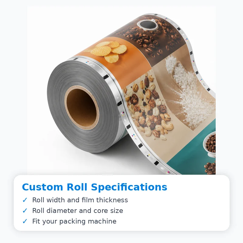 Custom packaging roll film width thickness roll diameter and core size for packing machines