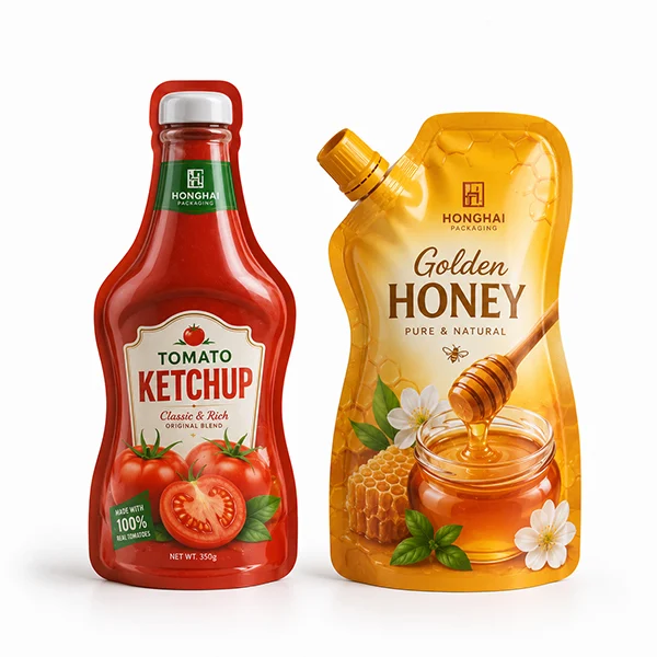 Custom shaped pouches for sauce, ketchup, honey and condiment packaging with bottle style flexible designs