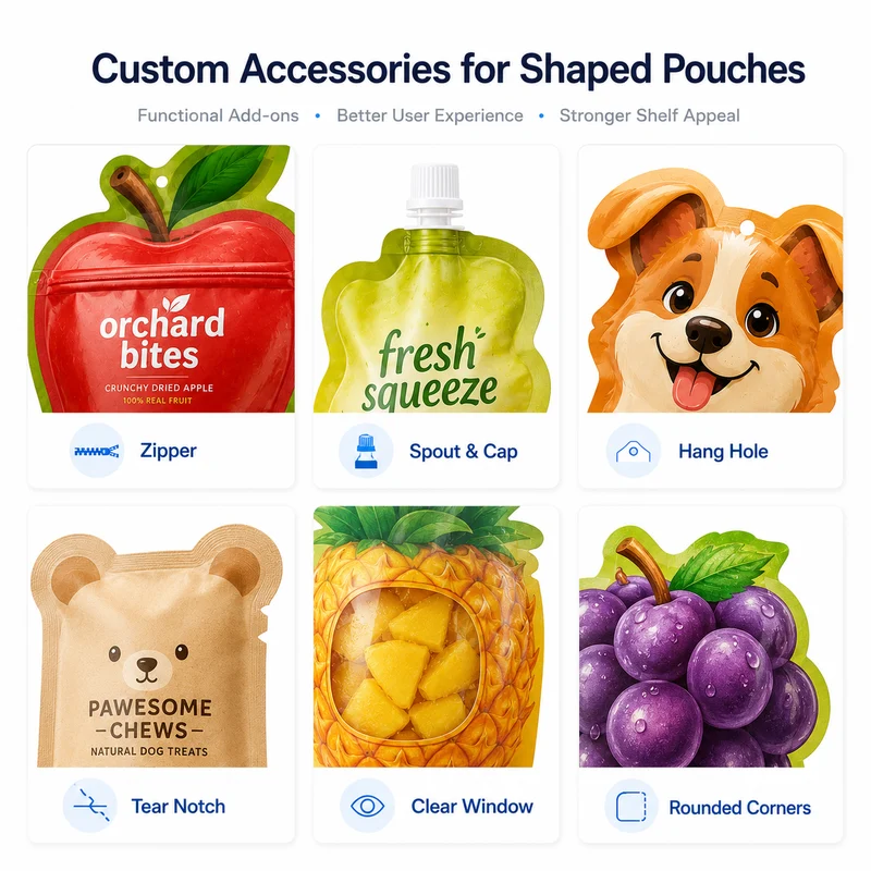 Custom accessories for shaped pouches including zipper, spout and cap, hang hole, tear notch, clear window and rounded corners