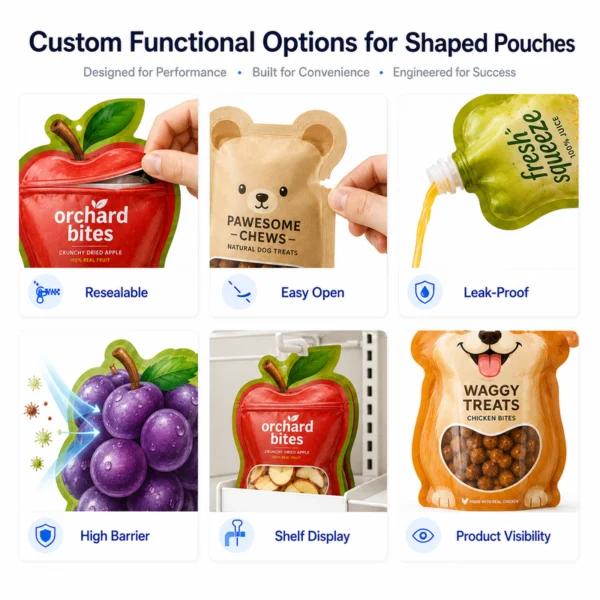 Custom functional options for shaped pouches including resealable zipper, easy open, leak-proof, high barrier, shelf display and product visibility