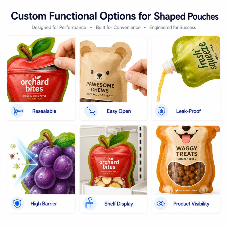 Custom functional options for shaped pouches including resealable zipper, easy open, leak-proof, high barrier, shelf display and product visibility