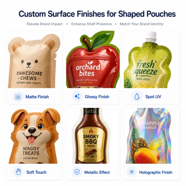 Custom surface finishes for shaped pouches including matte finish, glossy finish, spot UV, soft touch, metallic effect and holographic finish