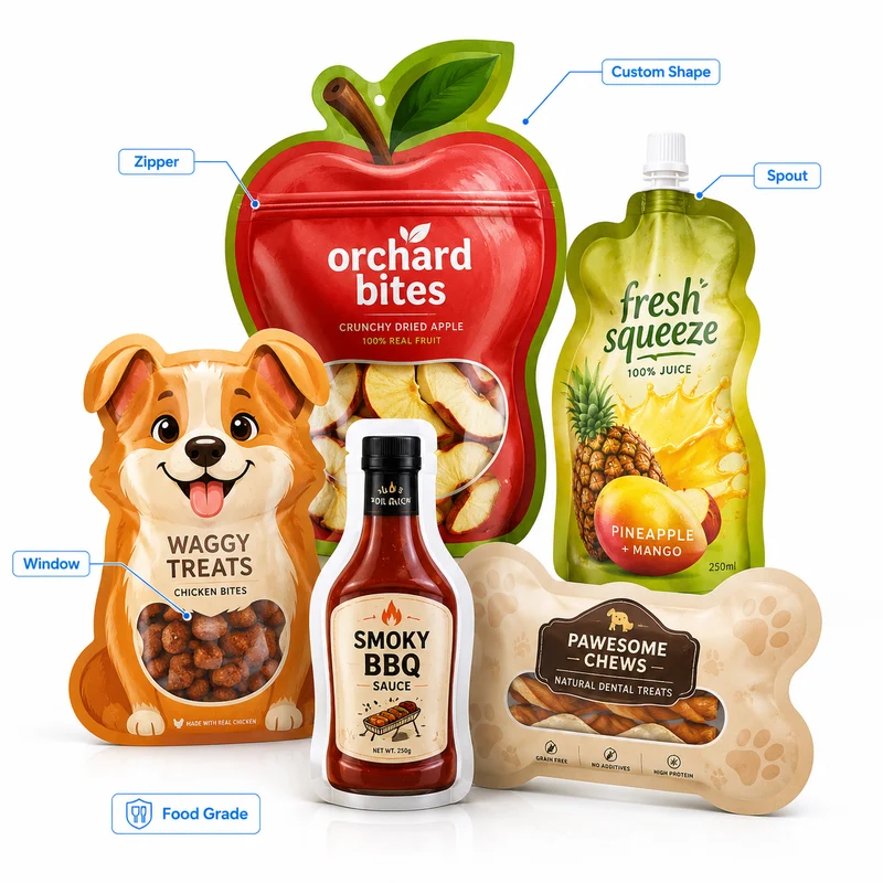 Custom shaped pouches hero image showing apple-shaped, spout, dog-shaped, bottle-shaped and bone-shaped packaging with zipper, window, spout and food grade features