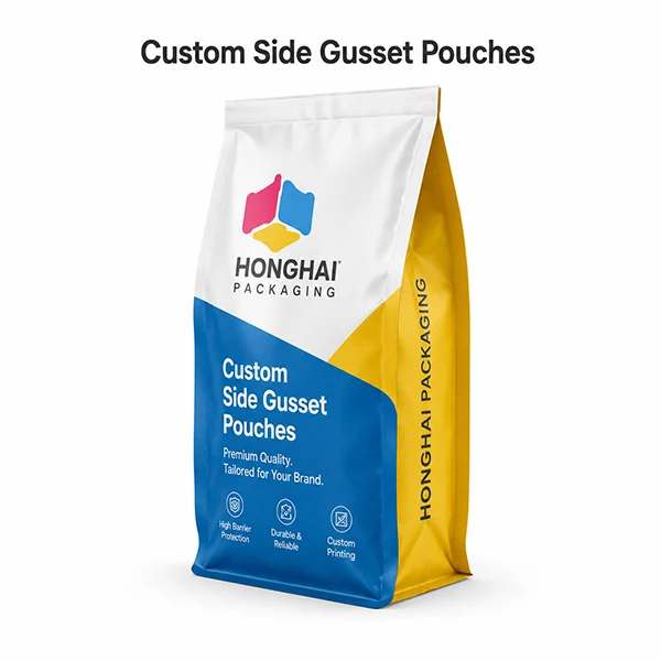 Custom side gusset pouches by Honghai Packaging with premium printed design, side gusset structure and pointed bottom.