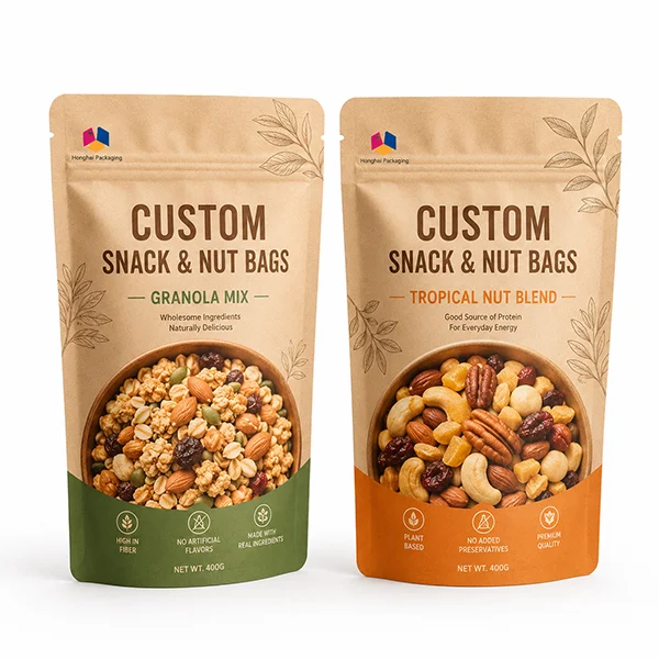 Custom snack and nut stand up bags with resealable zipper and oxygen barrier films to preserve freshness and crunch