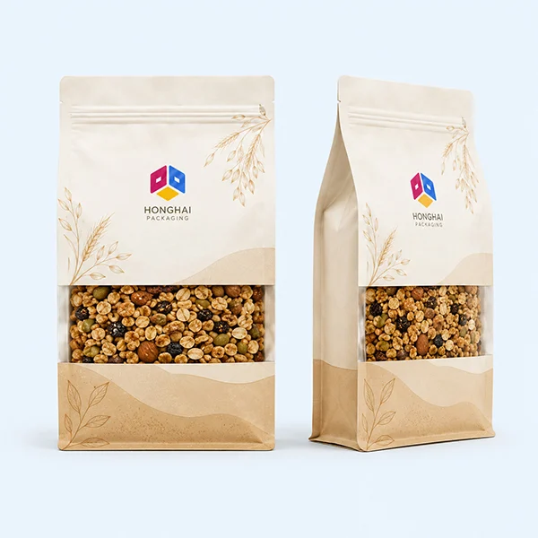 Custom snack and nut flat bottom pouches with clear window, resealable zipper and oxygen barrier films