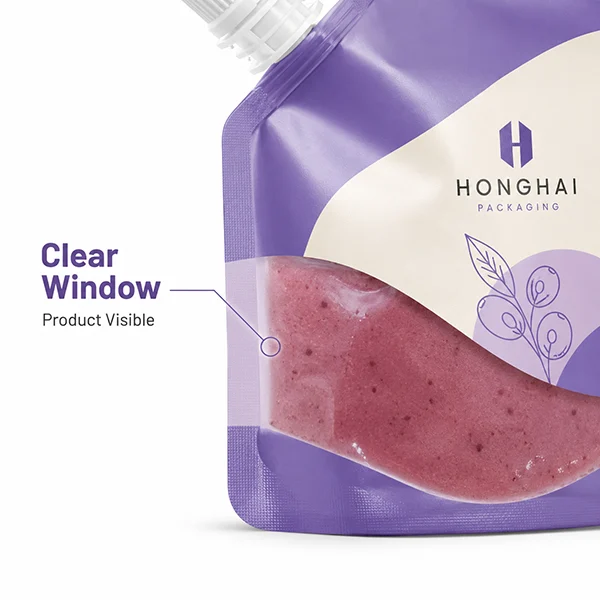 Close-up of a custom spout pouch with clear window to show the product inside
