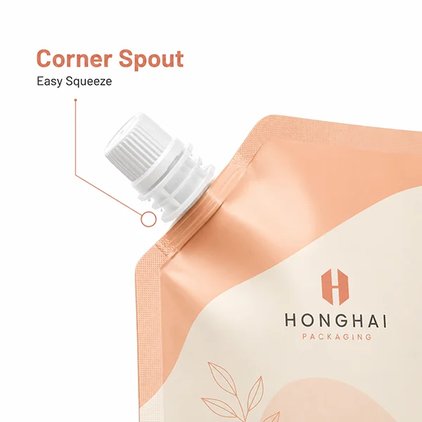 Close-up of a custom spout pouch with corner spout design for easy squeeze packaging