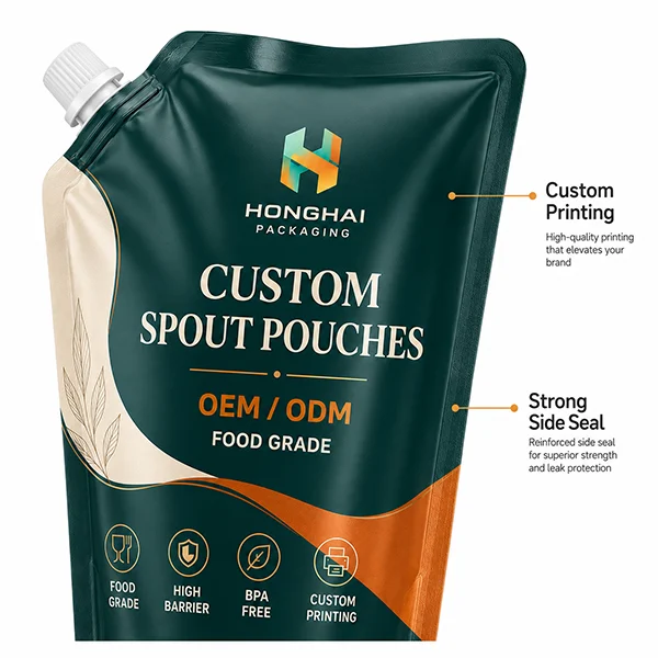 Custom spout pouch with custom printing and strong side seal for durable liquid packaging