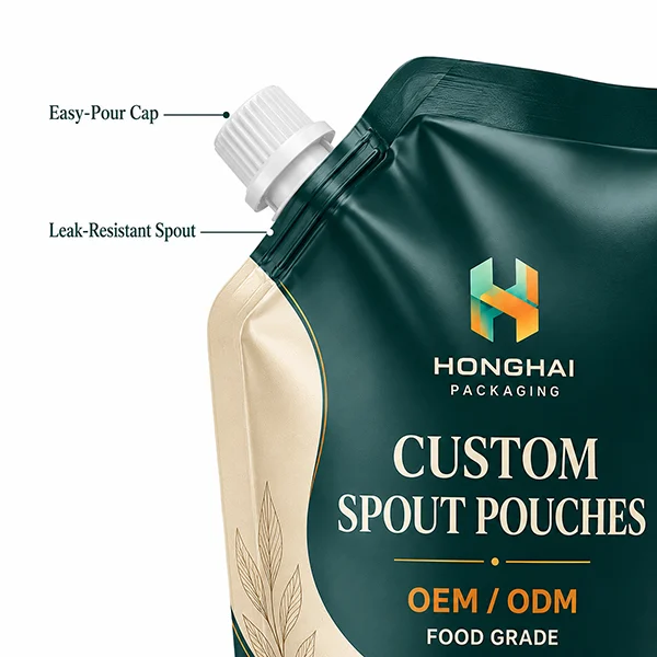 Close-up of custom spout pouch with easy-pour cap and leak-resistant spout design