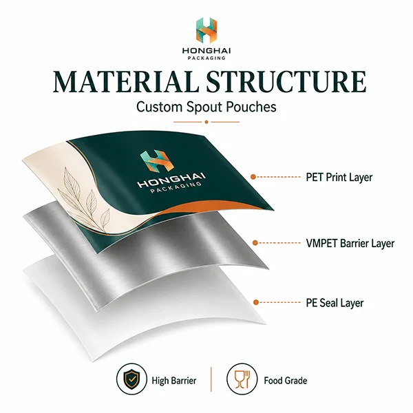Custom spout pouch material structure with PET print layer VMPET barrier layer and PE seal layer