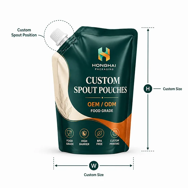 Custom spout pouch showing adjustable size and custom spout position options
