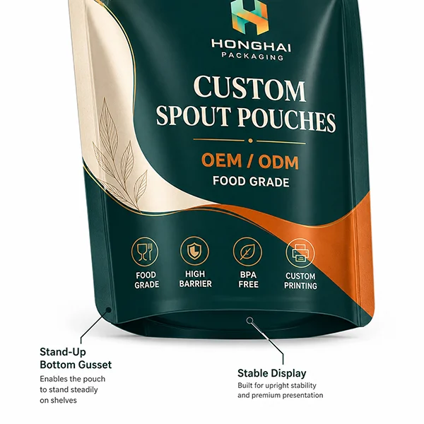 Custom spout pouch with stand-up bottom gusset for stable shelf display