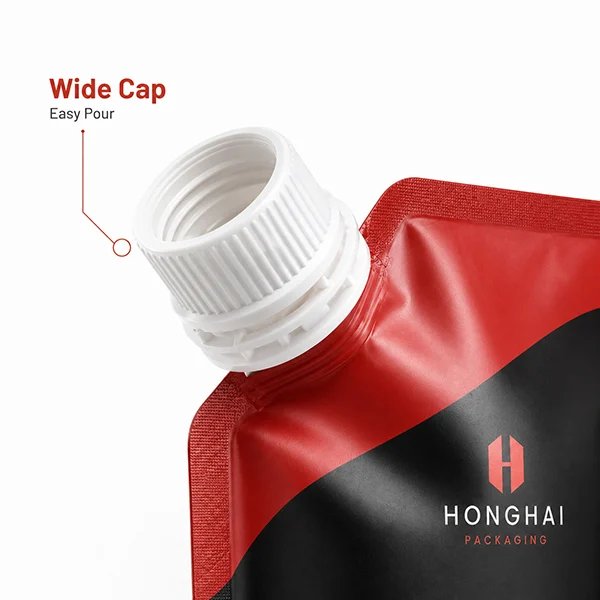 Close-up of a custom spout pouch with wide cap for easy pouring thick liquids and sauces