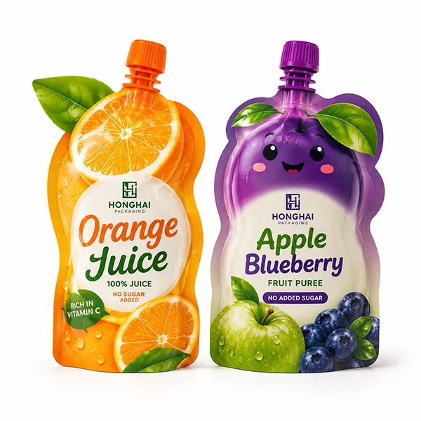 Custom spout shaped pouches for juice and fruit puree packaging with colorful fruit printed designs