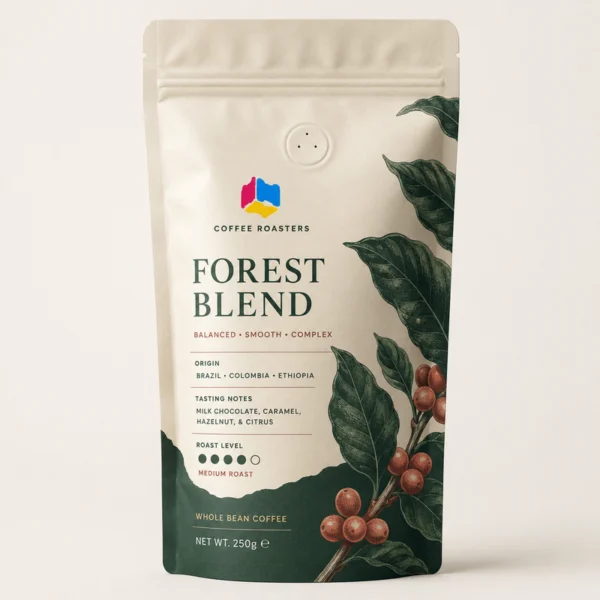 Custom printed stand up coffee pouch with one-way degassing valve and zipper