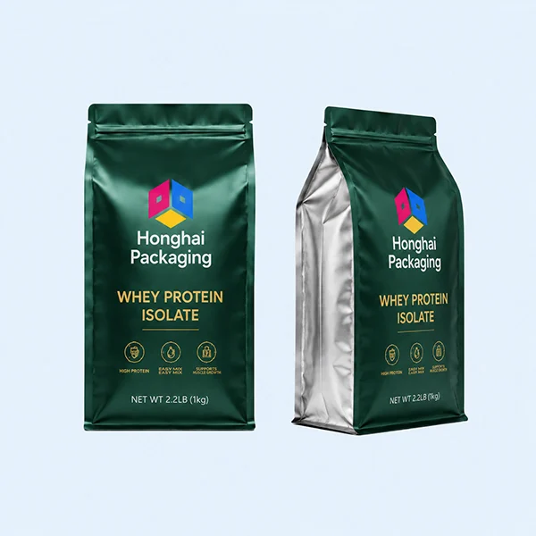 Custom supplement flat bottom pouches for protein powder, vitamins and wellness products with high-barrier foil structure