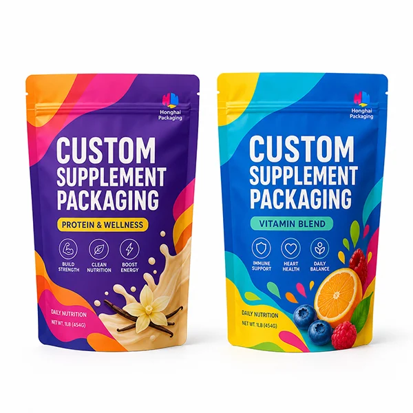 Custom supplement packaging pouches for protein powder, vitamins and wellness products with high-barrier materials and printed design