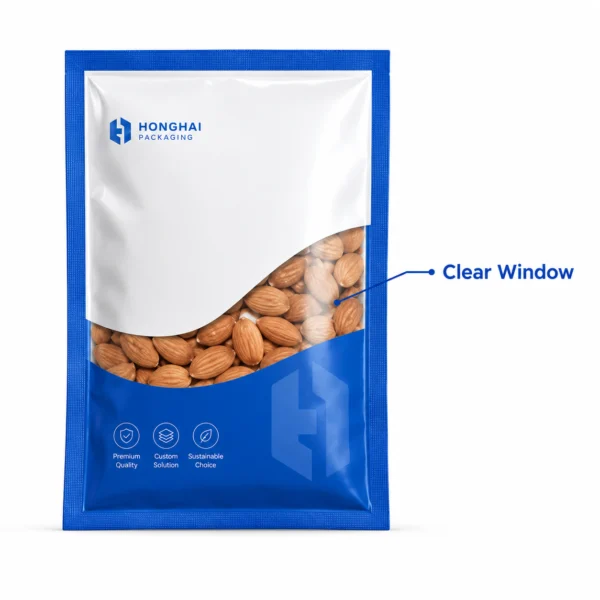 Custom clear window for three side seal bags to display nuts, snacks or product contents