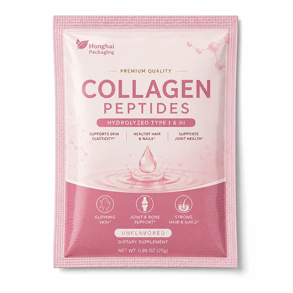 Custom three side seal bag for collagen peptides supplement packaging with clean pink design