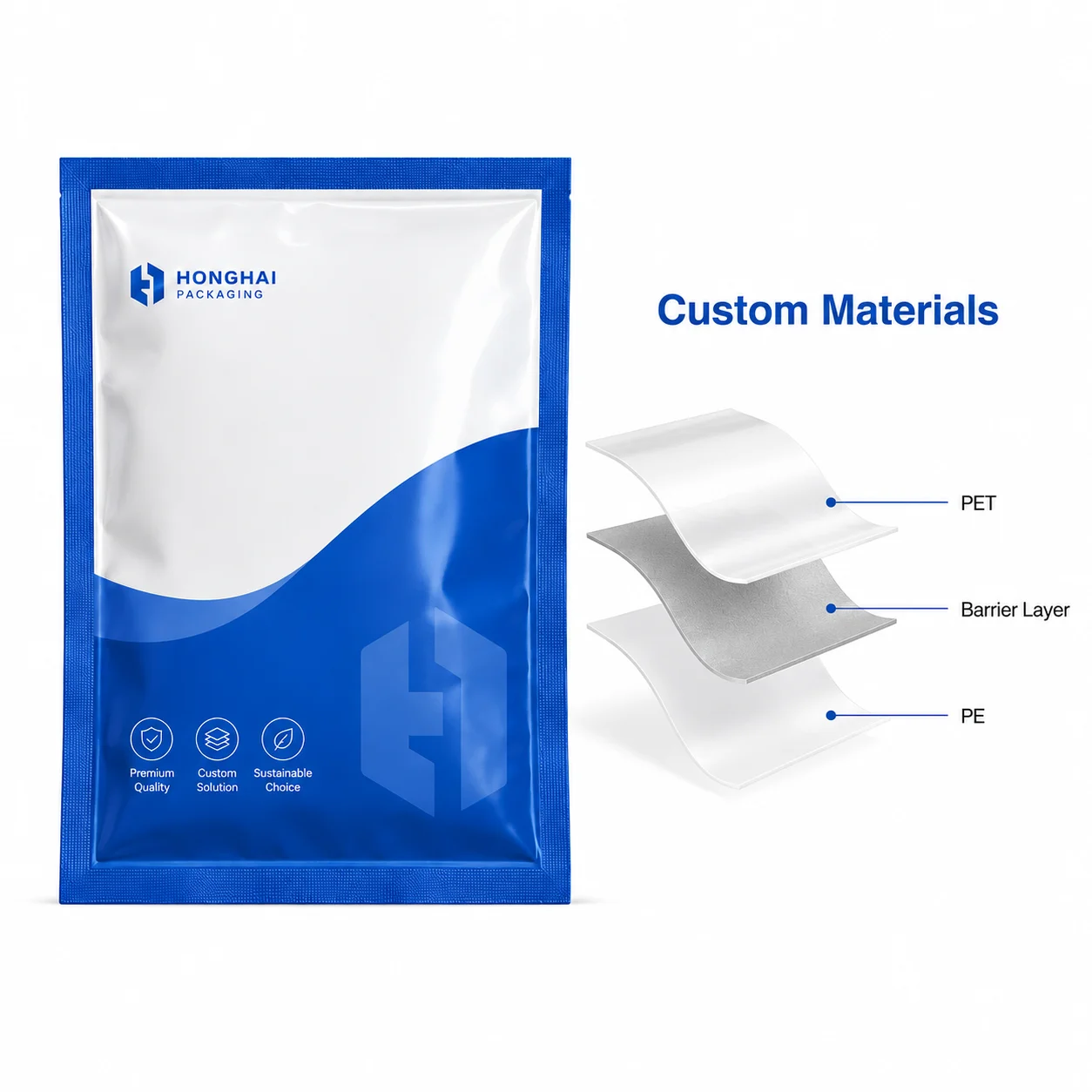 Custom materials for three side seal bags with PET barrier layer and PE laminated structure
