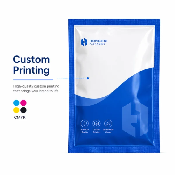 Custom printing for three side seal bags with logo brand design and CMYK color options