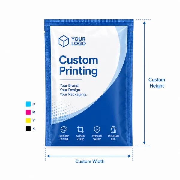 Custom printing for three side seal bags with logo, brand colors and full color artwork