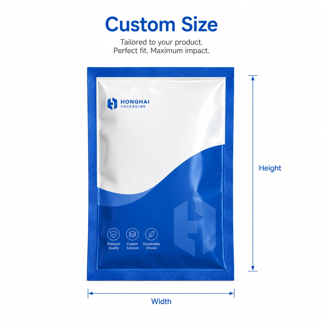 Custom size options for three side seal bags with adjustable width and height