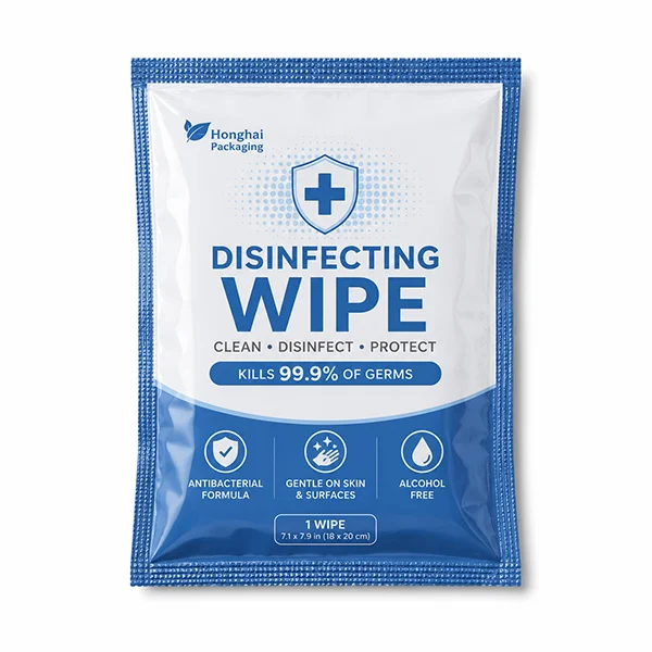 Custom three side seal bag for disinfecting wipe packaging with clean medical style design
