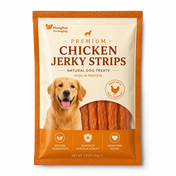 Custom three side seal bag for dog treat packaging with pet food design and clear product window