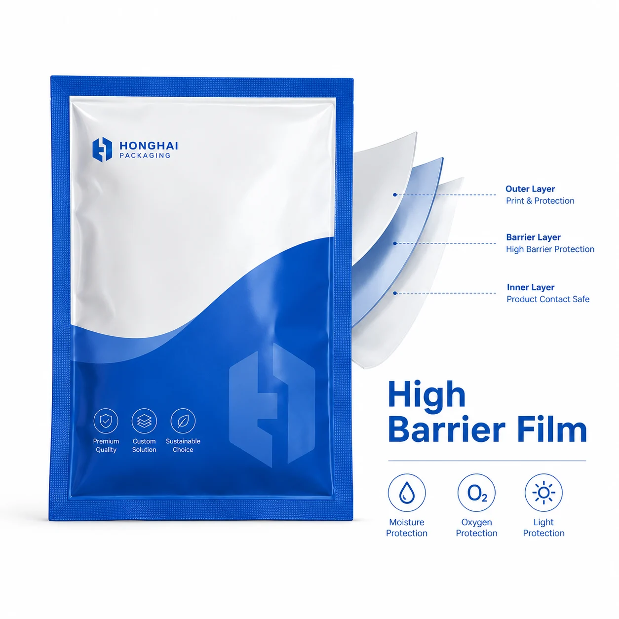 High barrier film for three side seal bags with moisture oxygen and light protection