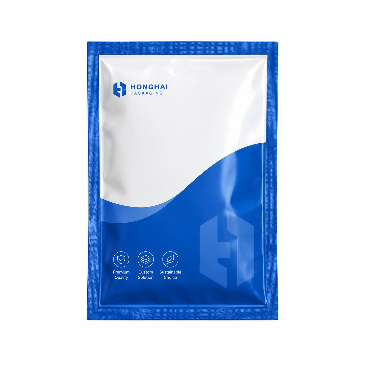 Custom three side seal bag with blue and white printed packaging design for flexible packaging