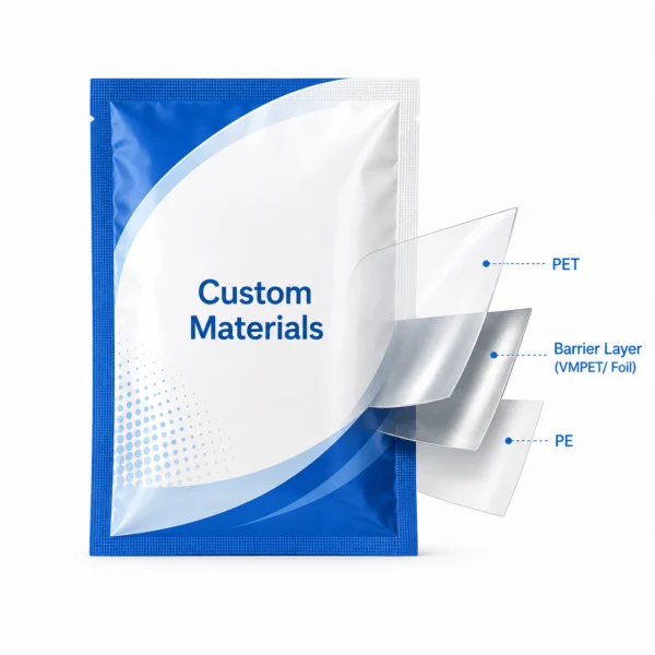 Custom material structure for three side seal bags with PET, barrier layer and PE film options