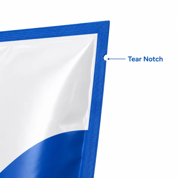 Tear notch detail for custom three side seal bags for easy opening