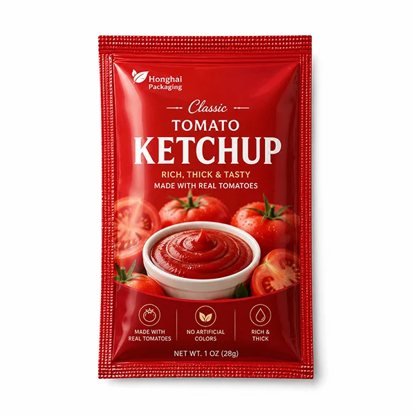 Custom three side seal bag for tomato ketchup packaging with bright red sauce design