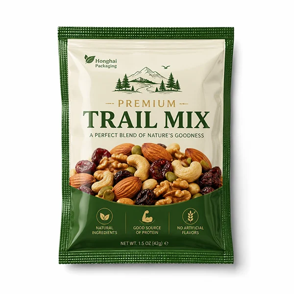 Custom three side seal bag for trail mix snack packaging with premium printed design