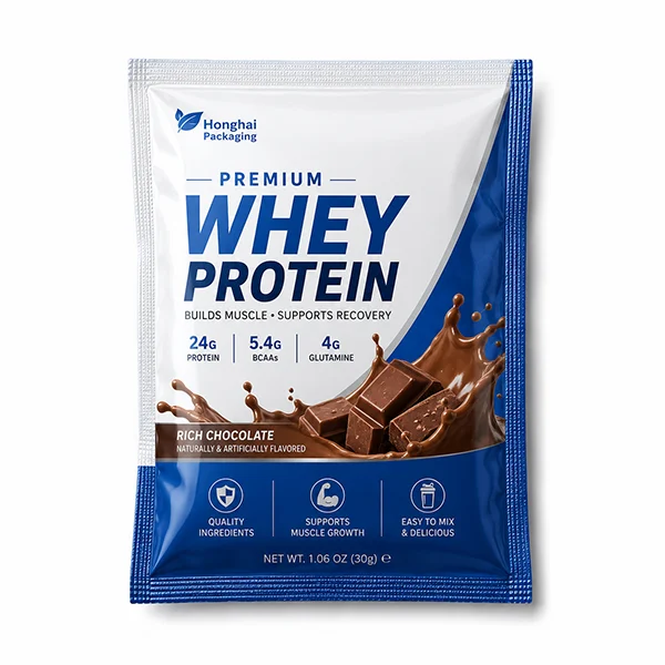 Custom three side seal bag for whey protein powder packaging with bold printed design