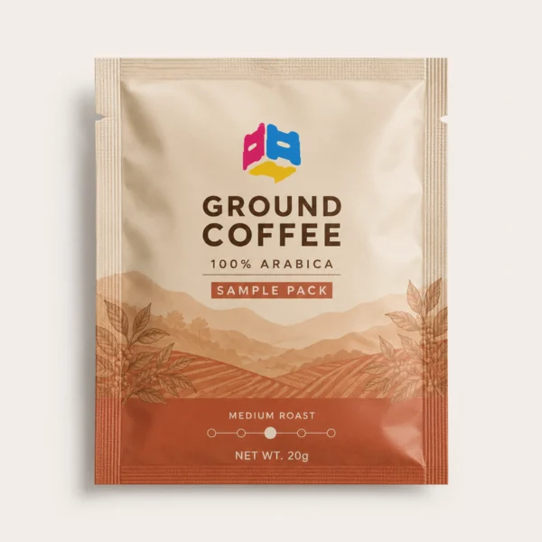 Custom three side seal ground coffee sample bag with printed coffee farm design