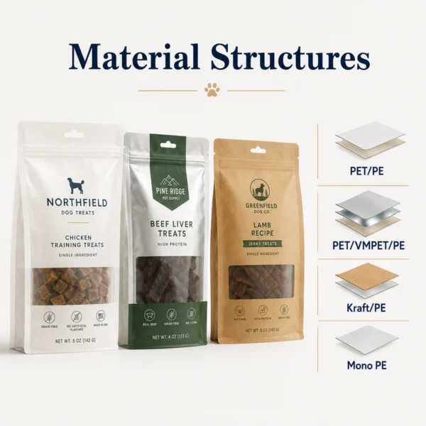 Dog treat packaging with PET PE, PET VMPET PE, kraft PE and mono PE material structure options.
