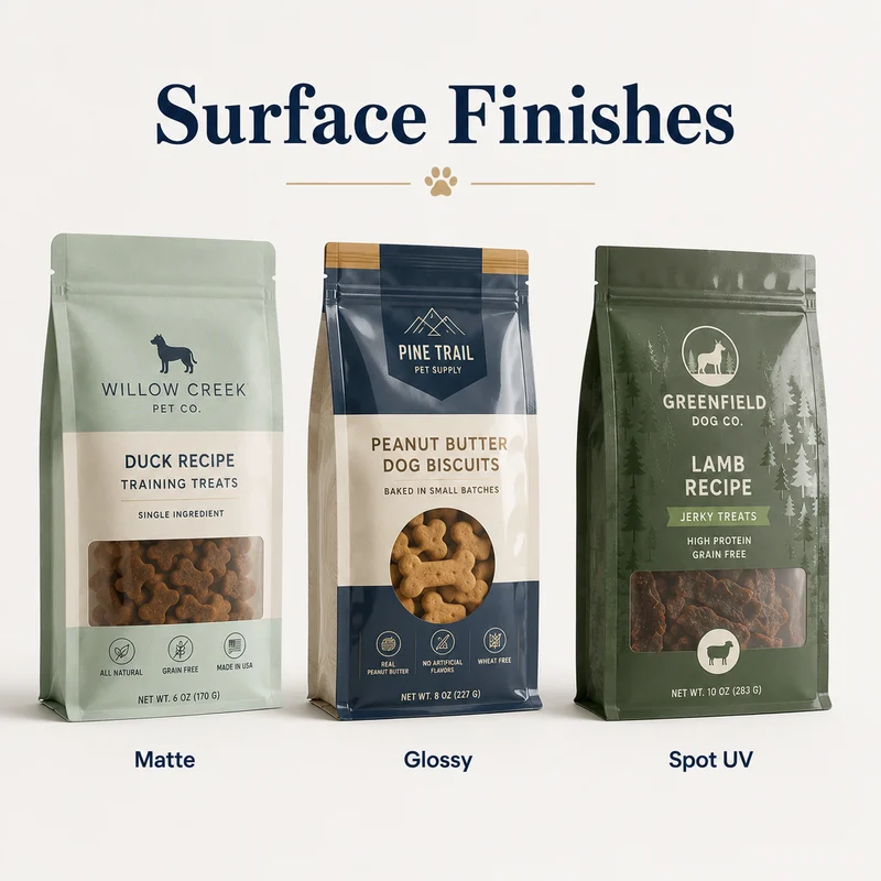 Dog treat packaging shown with matte, glossy and spot UV surface finishes.
