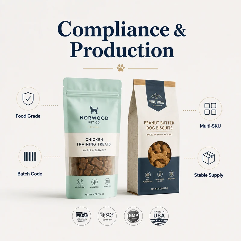 Dog treat packaging highlighting food-grade materials, batch coding, multi-SKU production and stable supply.