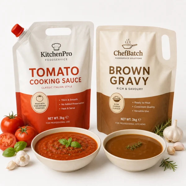 Two large-capacity retort pouches for tomato cooking sauce and brown gravy with bowls of sauce and kitchen ingredients.
