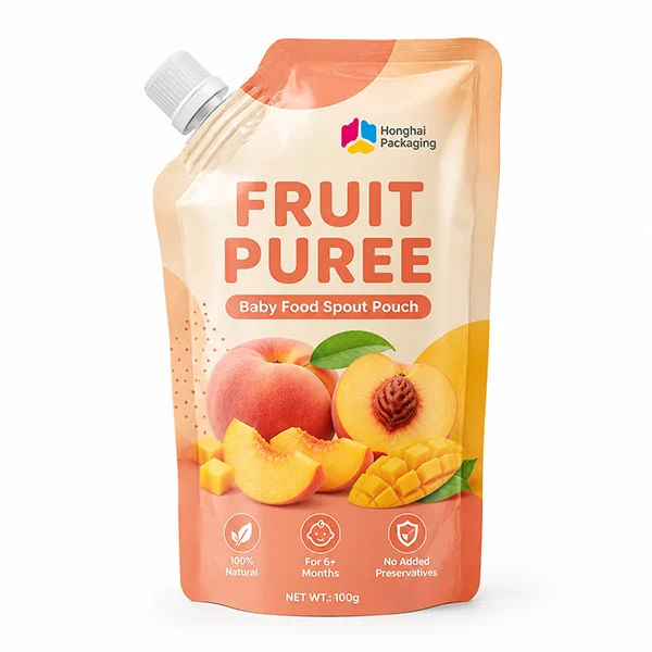 Custom fruit puree spout pouch for baby food packaging with peach and mango design