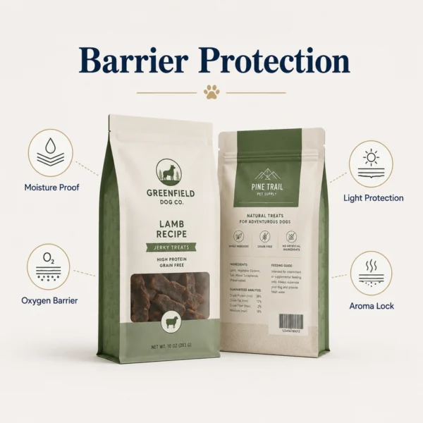 High-barrier dog treat bags designed for moisture, oxygen, light and aroma protection.