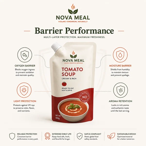 High barrier retort pouch providing oxygen, moisture and light protection with improved aroma retention for shelf-stable food.